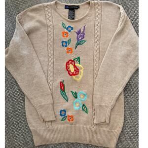 IB DIFFUSION Ramie/Cotton Embroidered Floral Crewneck Long Slv Sweater Beige M